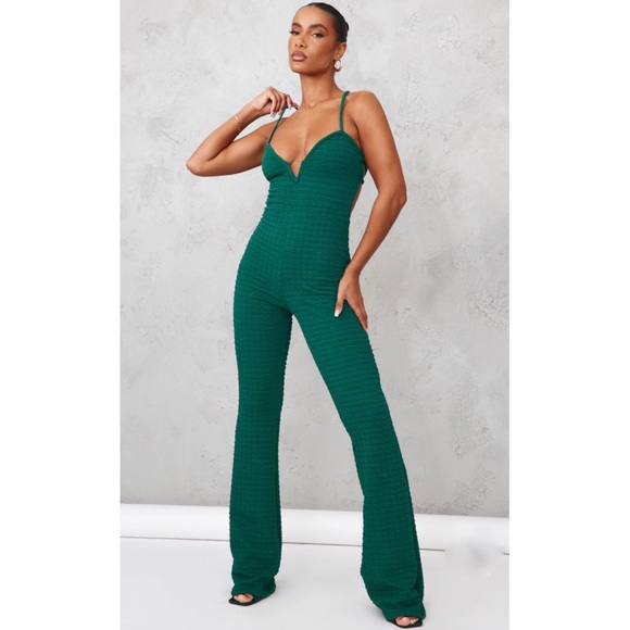 PrettyLittleThing Pants - Pretty Little Thing Emerald Green Textured V Bar Lace Back Flared Jumpsuit